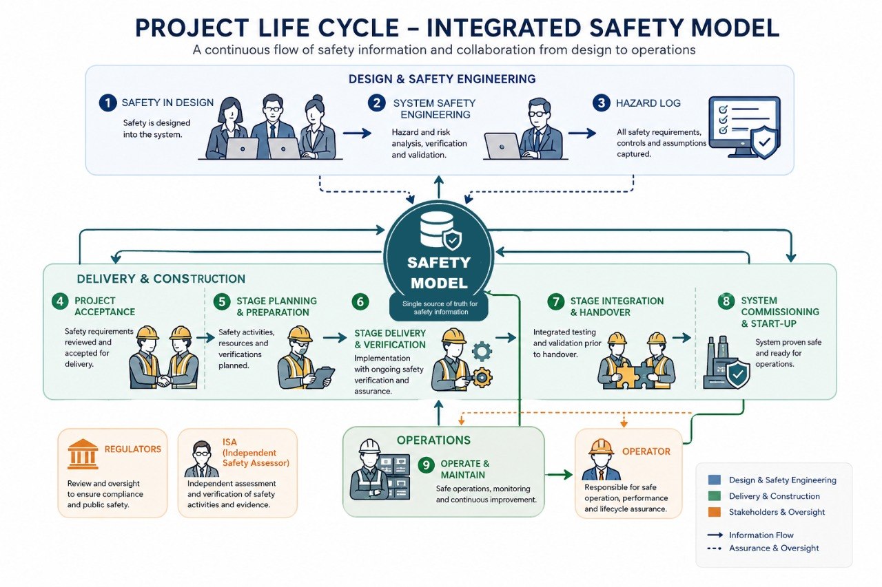 Project Life Cycle Integrated Safety Model showing continuous flow from Design through Delivery to Operations with central Safety Model hub